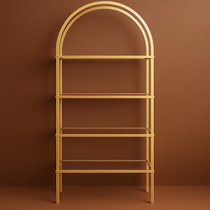 May include: A gold metal bookshelf with four glass shelves and an arched top. The shelves are rectangular and the frame is a warm gold color. The bookshelf stands on four legs and is against a brown background.