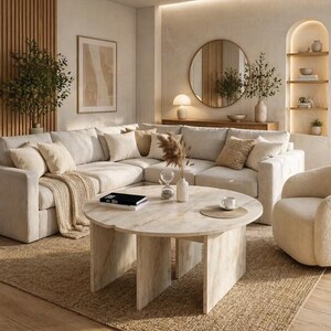 Può includere: Un moderno soggiorno con una palette di colori neutri. Un ampio divano angolare color chiaro è adornato con cuscini e una coperta. Un tavolino rotondo in marmo poggia su un tappeto tessuto. Uno specchio decorativo e opere d'arte completano lo spazio.