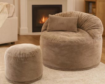 Corduroy Lounge Chair with Ottoman - Scandinavian Beige Accent Seating