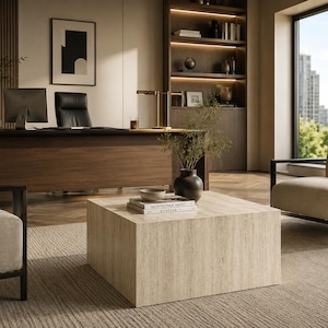 May include: A square, low-profile coffee table crafted from light beige travertine stone with a natural, textured surface. The table is positioned in a room with two upholstered armchairs, a wooden desk, and a bookshelf in the background.