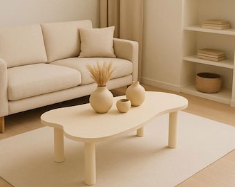 Bloom Organic Shape Coffee Table – Modern Curved Minimalist Center Table, Cream Sculptural Living Room