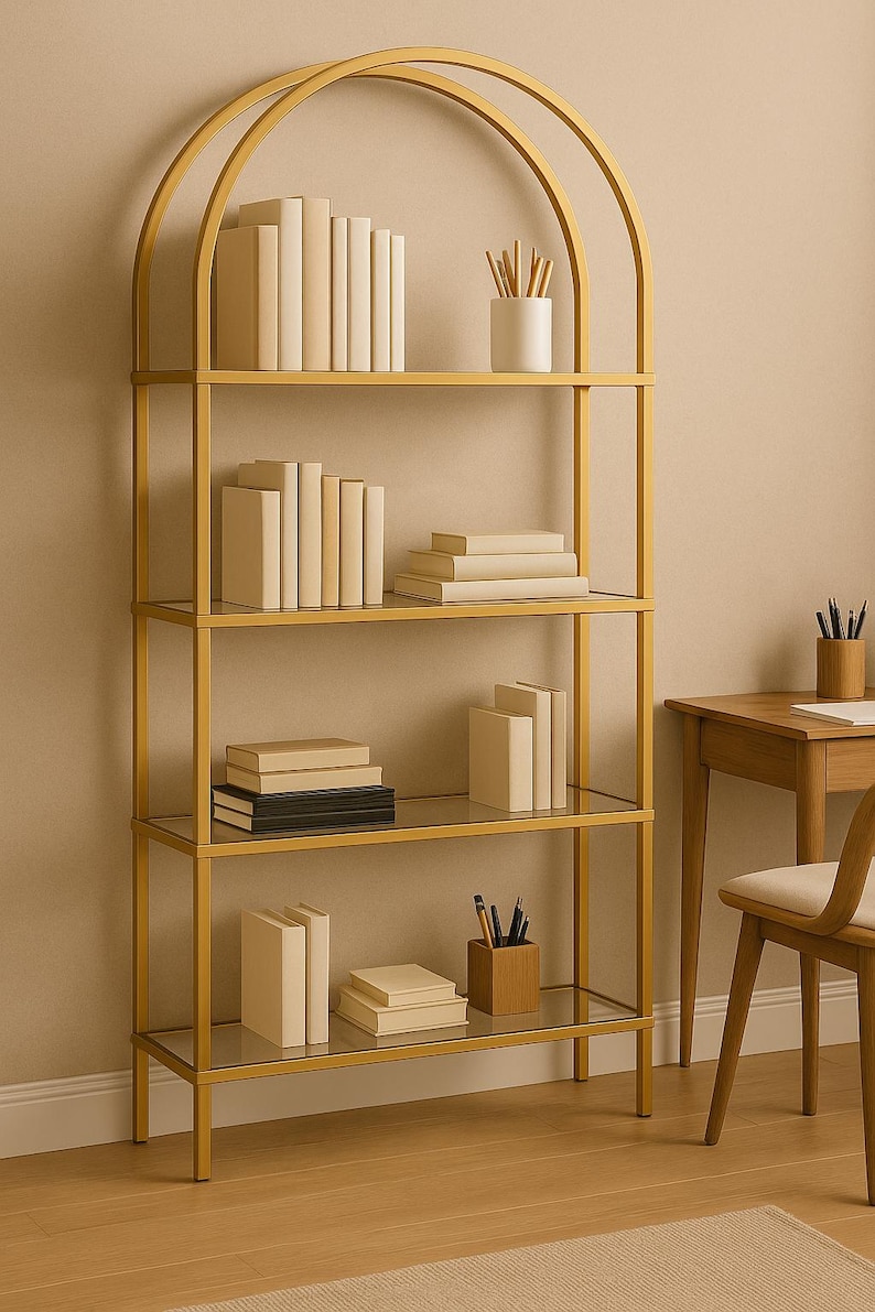 Gold Arch Metal Bookshelf Modern Tempered Glass Display Shelf Etsy — free download