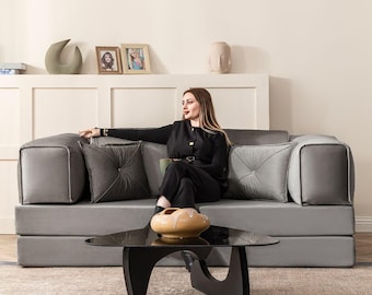 Modern Convertible Sofa Bed – Coco Fabric, Space Saving Couch with Pillows