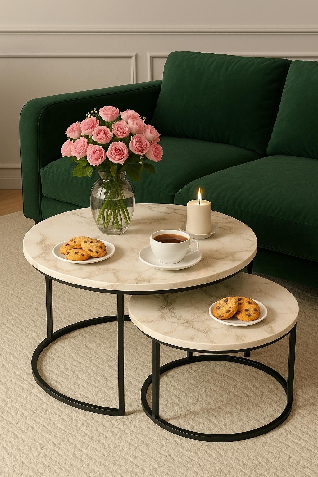 Modern Nesting Coffee Table Set: Round Wood Top, Black Metal Frame - Etsy