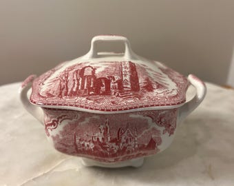 Vintage Johnson Brothers Old Britain Castles Covered Sugar Bowl — Red & White Transferware