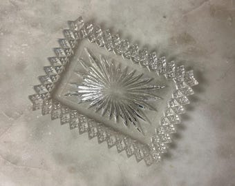 Antique Early American Pressed Glass Rectangular Dish — Starburst Center & Diamond Point Sawtooth Border