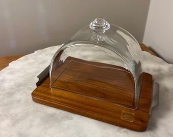 Vintage Karl Holmberg Äkta Teak Cheese Board with Glass Dome Cloche — Mid-Century Modern, Sweden