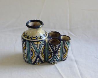 Antique Moroccan Inkwell – Early 1900s Ceramic Inkwell – Hand Painted Collectible