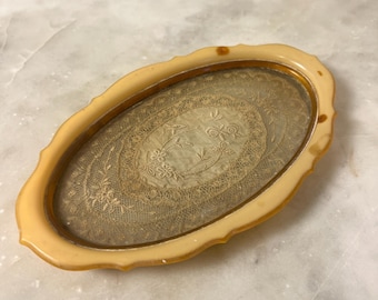 Vintage Pearlized Celluloid & Glass Vanity Tray — Granny Lace
