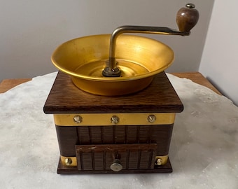 Vintage Wooden Coffee Grinder Hand Crank Coffee Mill — Copper Top with Drawer Catch
