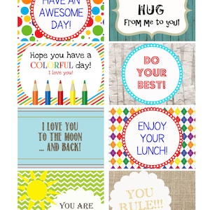 INSTANT DOWNLOAD Printable Kids Lunchbox Note Cards Lunch Box Encouragement Cards - Back to School tags