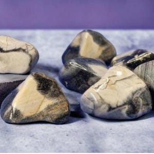 Peut inclure: Un ensemble de pierres polies aux couleurs crème, grises et noires. Les pierres ont une forme arrondie et lisse, avec des motifs variés. Le fond est violet clair.