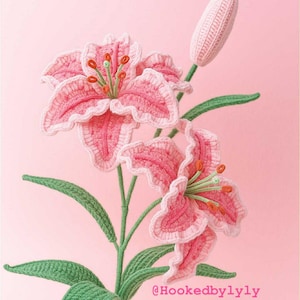 Peut inclure: Un lys fait à la main au crochet, avec des pétales roses et des feuilles vertes. La fleur présente un design détaillé avec une bordure rose clair et blanche. Le fond est de couleur rose uni. Le texte "@Hookedbylyly" est visible.