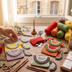 Peut inclure: Plusieurs pochettes rectangulaires au crochet dans des tons pastel et vifs, chacune dotée d'un rabat en forme de demi-tranche de pastèque. Les pochettes sont disposées sur une surface en bois avec des pelotes de laine, des ciseaux et des crochets.