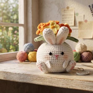 Peut inclure: Une figurine de lapin crochetée blanche avec de longues oreilles, des yeux noirs et un nez rose, tenant un bouquet de fleurs crochetées orange et jaunes. Une petite étiquette ronde en bois porte le texte Made with Love.