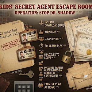 Op de afbeelding: Een digitaal escaperoomspel voor kinderen, getiteld "Kids' Secret Agent Escape Room: Operation: Stop Dr. Shadow". Bevat missiebestanden, agent-ID-badges, puzzels, certificaten en envelopen met aanwijzingen. Voor kinderen van 8-10 jaar, 2-6 spelers, 30-45 minuten speeltijd.