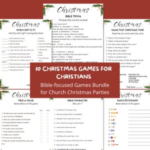 May include: A bundle of Christmas games for church parties. The image shows several game sheets with titles like "Bible Trivia," "Name That Christmas Tune," and "True or False." The games have a festive design with Christmas-themed graphics.