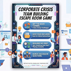 May include: A digital graphic promoting a "Corporate Crisis Team Building Escape Room Game." The design features a central panel with game details, surrounded by illustrations of people using laptops and tablets. Text includes "Get the Gears Turning," and "Bonus Discussion Questions."