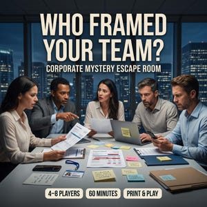 Puede incluir: Un juego de escape room de misterio corporativo titulado Who Framed Your Team? con cinco personas en una mesa de conferencias con documentos, un portátil, notas adhesivas y una tarjeta de identificación. Para 4-8 jugadores, 60 minutos, imprimir.
