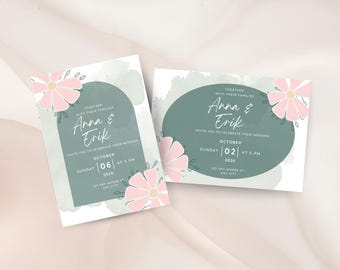 Boho Wedding Invitation Template: Hand-Drawn Design (Canva Editable, Digital Download)/Floral
