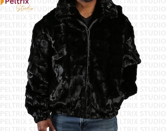 Men's Black Bomber Jacket | Genuine Mink Fur Jacket With Detachable Hood | Soft Warm Winter Coat | Luxury Outerwear | Christmas Gift For Him