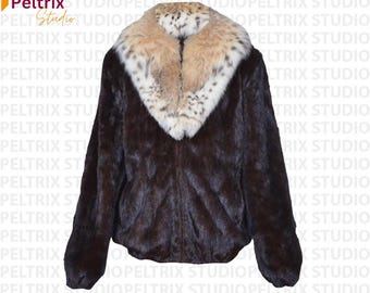 Men’s Brown Real Mink Fur Jacket With Lynx Fur Collar | Luxury Vintage Winter Coat | Genuine Mink Fur Outerwear | Retro Classic Fur Jacket