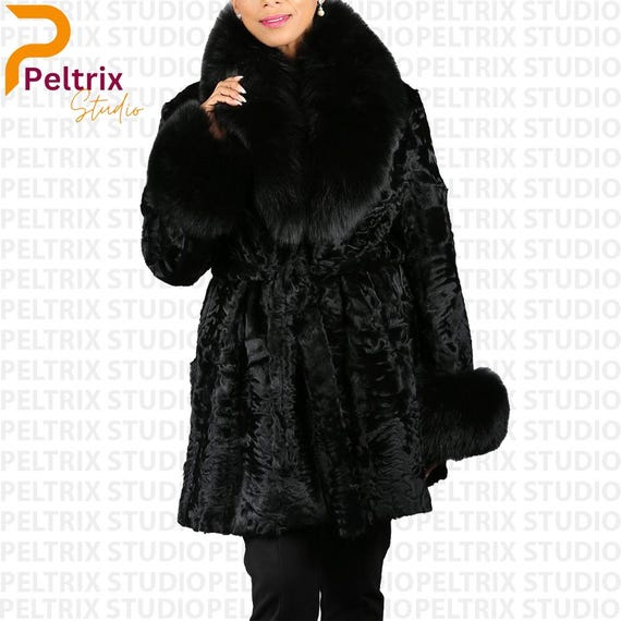 Women's Black Real Persian Lamb Fur Coat With Fox Collar & Cuff
