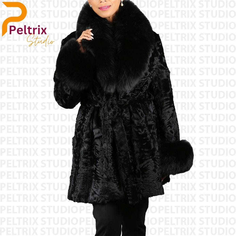 Women's Black Real Persian Lamb Fur Coat With Fox Collar & Cuff