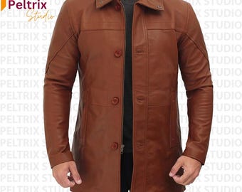 Men's Tan Brown Lambskin Leather Trench Coat | Genuine Leather Coat For Men | Winter Leather Coat | Handmade Leather Jacket | Gift For Him