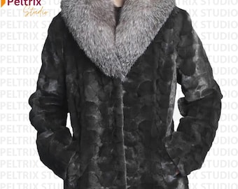 Luxury Black Section Mink Fur Jacket With Silver Fox Fur Collar | Genuine Fur Coat For Women | Elegant Winter Outerwear | Warm Fur Fashion