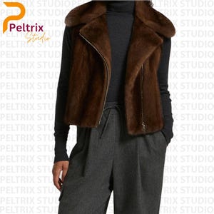 Women&#39;s Dark Brown Real Mink Fur Biker Vest | Real Mink Fur Sleeveless Jacket | Luxury Warm Winter Waistcoat | Christmas Gift | Gift For Her