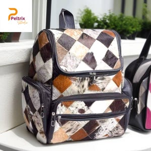 Cowhide Diaper Backpack Bag, Cowhide Backpack Bag, Brown White Cowhide Large Backpack Bag, Cowhide Shoulder Bag, Travel Bag, Gift For Mom