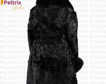 Women's Black Real Persian Lamb Fur Coat With Fox Collar & Cuff