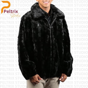 Men&#39;s Black Real Mink Fur Bomber Jacket | Genuine Mink Fur Jacket | Soft Warm Winter Coat | Classic Fur Outerwear For Men | Gift For Him