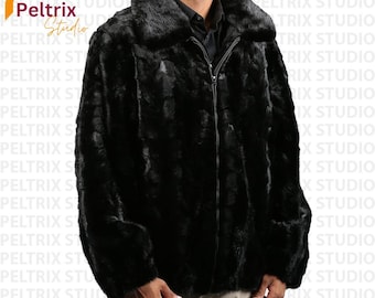 Men's Black Real Mink Fur Bomber Jacket | Genuine Mink Fur Jacket | Soft Warm Winter Coat | Classic Fur Outerwear For Men | Gift For Him