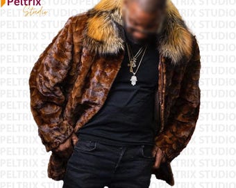 Men’s Real Mink Fur Bomber Jacket | Luxury Mink Fur Coat With Fox Fur Collar | Soft Warm Winter Coat | Classic Fur Outerwear For Men | Gift