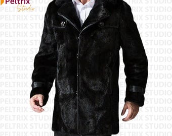 Black Full Skin Mink Fur Coat With Leather Trim | Real Designer Fur Jacket | Men’s Luxury Winter Coat | Warm Outerwear | Genuine Fur Fashion