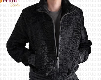 Luxe zwart broadtail-bomberjack met perzische lamsbont | Jas met opstaande kraag Swakara-bont |  Winterbontbovenkleding | Kerstcadeau voor hem