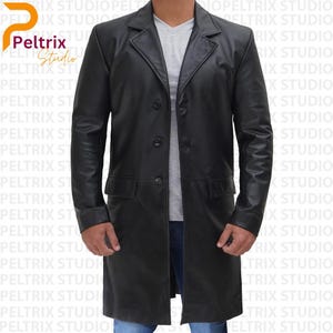 Nuovo trench in vera pelle di agnello nera da uomo / giacca in pelle fatta a mano / cappotto lungo invernale in pelle / elegante capospalla regalo per lui