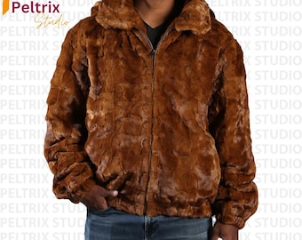 Men's Whiskey Mink Fur Bomber Jacket With Detachable Hood | Genuine Mink Fur Jacket | Soft Warm Winter Coat | Classic Fur Outerwear For Men