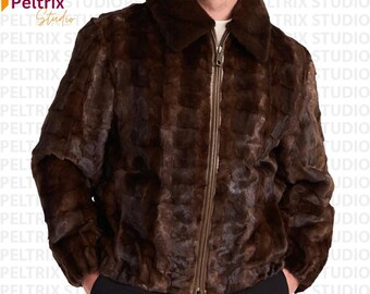 Luxury Men’s Brown Mink Fur Bomber Jacket | Real Sculpted Fur Winter Coat | Handmade Designer Outerwear | Vintage Style Gift For Him