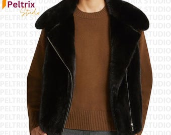 Women's Black Real Mink Fur Biker Vest | Genuine Mink Fur Sleeveless Jacket | Luxury Warm Winter Waistcoat | Christmas Gift | Gift For Her