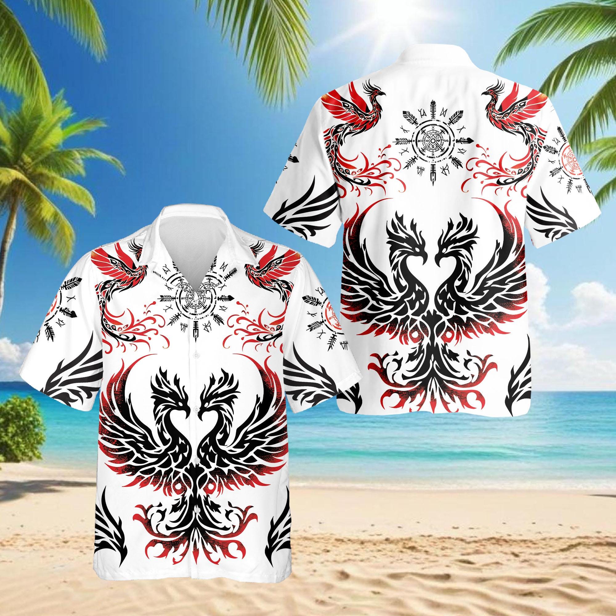Discover Phoenix Tribal Hawaiian Shirt, Red Black Fire Bird Aloha Shirt, Mythic Symbol Button Down, Summer Hawaiian Shirt