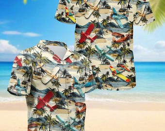Vintage Airplane Hawaiian Shirt Retro Aviation Aloha Shirt Pilot Beach Shirt Tropical Button Up