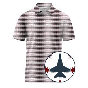 May include: White polo shirt with a repeating pattern of red and navy blue stars. The shirt has a collar and short sleeves. A circular graphic on the lower right features a navy blue jet silhouette and red and white stars. The text "JOBFEE" is on the collar.