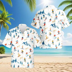 May include: White short-sleeved shirt with a repeating pattern of skiers, trees, and mountains. The skiers are in various colours. The shirt has a classic collar and button-down front, perfect for a casual look.
