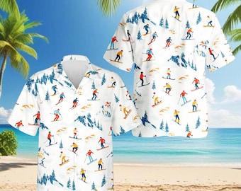 Skiing Adventure Hawaiian Shirt, Winter Sports Aloha Shirt for Ski Lovers, Snow Mountain Vacation Top