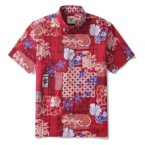 以下が含まれることがあります： 鮮やかな花柄と幾何学模様の赤い半袖シャツ。デザインは白、青、赤の花、その他の装飾要素が特徴です。シャツはクラシックな襟とボタン留めです。