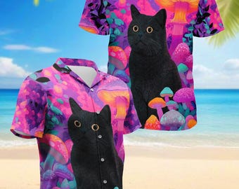 Black Cat Mushroom Hawaiian Shirt, Fantasy Cat Aloha Shirt, Colorful Psychedelic Vacation Top, Cute Kitty Button Down Gift