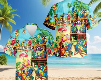 Tropical Parrot Margarita Hawaiian Shirt, Colorful Beach Aloha Shirt for Men Women, Summer Vacation Flamingo Cocktail Party Shirt Gift